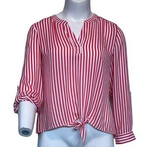 Chicos Blouse Womens Size 2 Large Tie Front Roll Tab Vee Neck Coral White Stripe